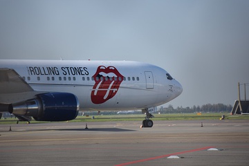 The logo on the Rolling Stones Boeing 767 airplane at Amsterdam Airport Schiphol, the Netherlands