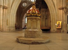 The baptismal font from the Saxon church of Aldhelm (c. 705) predates the cathedral by more than 400 years.