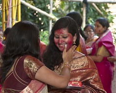 Left: Dhaks, played during the pujo; right: Dhunuchi naach on Navami; bottom: Women taking part in sindoor khela on Vijaya Dashami.