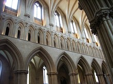 The cathedral from the south east. To the right of the central tower is the choir with the Lady Chapel projecting beyond it, and the chapter house, extreme right.