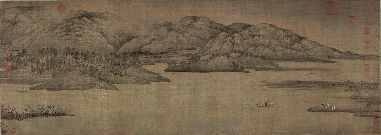  Views of Xiaoxiang by Dong Yuan(932-962). Dong is considered as one of the originators of landscape painting styles; the scales of such paintings were often huge, with minuscule yet intricate pastoralist subjects showing the relative enormity of the landscape. Zoom into the left to see a group of men engaging in seine-haul fishing.