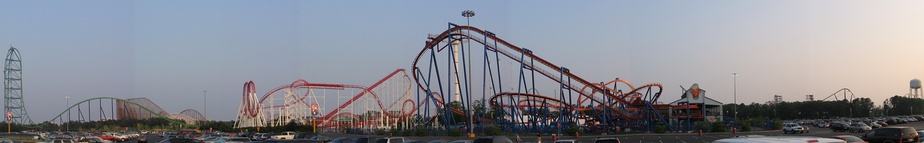  Skyline of Six Flags Great Adventure in Jackson Township, Ocean County, the world's largest theme park as of 2013[305] To the far left is Kingda Ka, the world's tallest roller coaster.[306]