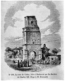 Colțea Tower before and after the 26 October 1802 and 23 January 1838 earthquakes. Drawing by M. Doussault, published in l'Illustration (1842).