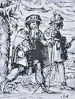 Saint James with his pilgrim's staff. The hat is typical, but he often wears his emblem, the scallop shell, on the front brim of the hat or elsewhere on his clothes