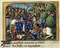 French, white cross, and English, red cross, fighting at the battle of Formigny during the Hundred Years' War.