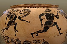 Two views of the same vase. Above: a headless Medusa on the left, with Stheno and Euryale running right. Below: the continuation of the scene showing Perseus running right. Dinos of the Gorgon Painter Louvre E874 (early sixth century BC)[7]