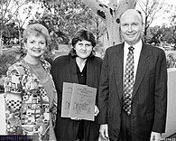 Police Minister Ted Pickering and NSW Police Gay Liaison Officer Sue Thompson at the launch of the Gay & Lesbian Rights Lobby's Streetwatch Report on 9 April 1990.[37](Photo: Xena&gabrielle)