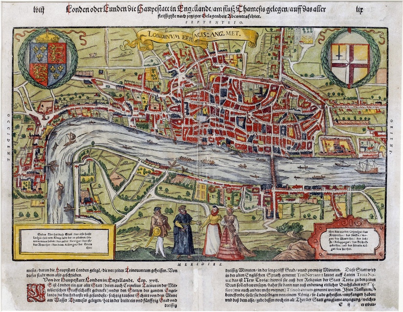  Click to view all.Map of 1598 shows the short, broad road leading west (Occidens) then north from a traffic island tall memorial. This spike was the local (Queen) Eleanor cross known as Charing Cross marked today by the Charles I equestrian statue roundabout as the memorial has been moved to the apron of the nearby "Charing Cross" terminus station. The road soon forks into three and is shown much broader for decorative purposes. As today it was Cockspur Street.