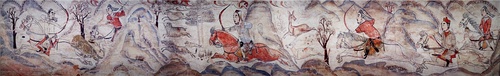 Murals from a tomb of Northern Qi dynasty (550–577) in Jiuyuangang, Xinzhou, showing a rural hunting scene on horseback