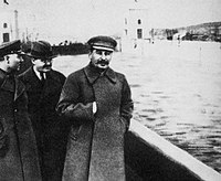 Damnatio memoriae of Nikolai Yezhov. He was posthumously removed from pictures, such as here where he stood next to Joseph Stalin.