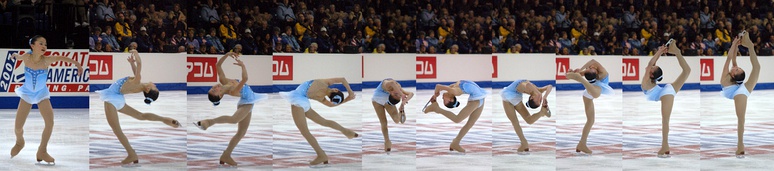  Zhang performs her signature layback spin: traditional layback (frames 2 and 3), side layback (frame four), pearl (frames five through seven), and Biellmann (frames 9 and 10)