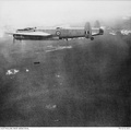 An Avro Lincoln bomber of No 1(B) Bomber squadron dropping 500-pound (230 kg) bombs on Communist targets during the Malayan Emergency