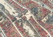 Amsterdam in 1544, with Dam square in the centre and the Rokin in the top left. In 1936, the Rokin was filled in from Dam square to Spui square.