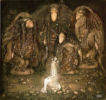 Illustration of three trolls surrounding a princess in a dark area, as adapted from a collection of Swedish fairy tales