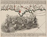 Map of the battle with a list and key to the ships involved