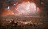 Volcanic glow through ash and smoke above soldiers and others in the foreground trying to escape the disaster, with grounded ships beyond them