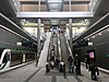 Underground station platform with escalators and stairs going up to ground level concourse