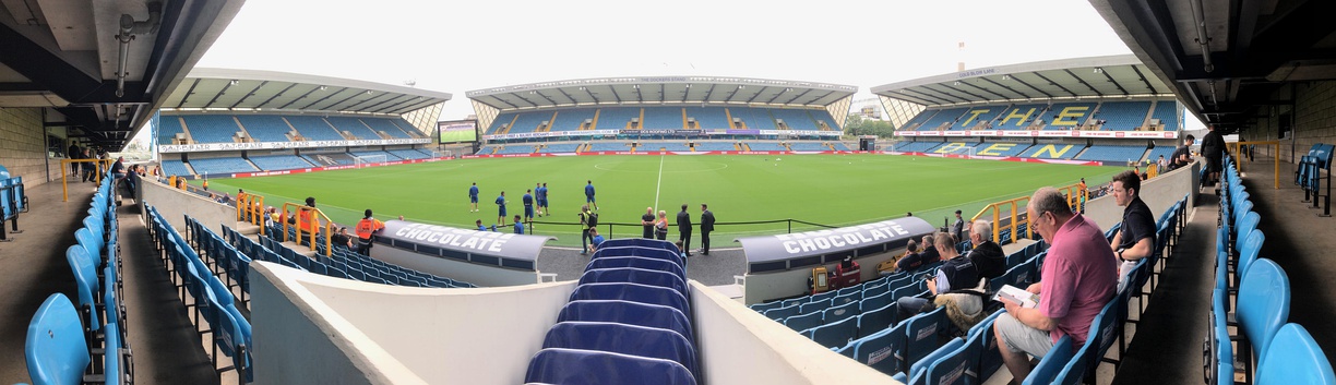  A panoramic view of the Den from Block 31 in the Barry Kitchener Stand. The image shows the new scoreboard and Huski Chocolate sponsorship.