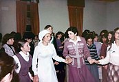 A just-married Jewish woman in a white headscarf at her wedding in the late 20th century