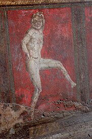 A satyr dancing. A fresco from the cubiculum in the Villa of the Mysteries. From Pompeii. Date: 80 to 70 BCE [66]