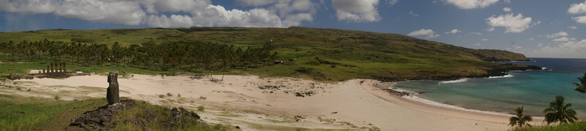  Panorama of Anakena beach, Easter Island. The moai pictured here was the first to be raised back into place on its ahu in 1955 by Thor Heyerdahl[111] using the labor of islanders and wooden levers.