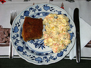 Traditional Christmas dinner – fried carp with potato salad, Czech Republic