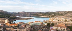 General view of Nuévalos, in the province of Zaragoza, Spain, from La Tranquera Dam on the river Piedra