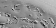 Close view of pits forming in crater floor deposit. The box shows the size of a football field for scale.