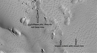 Close-up of crater deposit that shows both impact craters and pit craters caused by collapse. Image taken by HiRISE under the HiWish program.