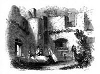 Netley in the 1840s, showing the exterior facing the sea (left) and a social gathering on the inside of the ruins (right)