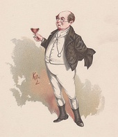 19th century watercolour of the Dickens character Samuel Pickwick: a short, portly bald man of mature years, wineglass in hand