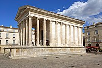 The Maison Carrée at Nîmes (France), from 16 BC, a typical Roman temple, is a Corinthian hexaystyle pseudoperipteros.