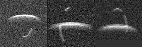  Top: 243 Ida and its moon Dactyl as imaged by Galileo in 1993. Middle: Three radar images of 66391 Moshup. The 'streaks' on the image are the moon's trail as it moved while the images were created. Bottom: Animation of (357439) 2004 BL86 and its moon (left). Animation of (136617) 1994 CC, a trinary asteroid with two moons (middle) Dinkinesh and its contact binary satellite Selam (right).