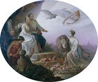 Allegory on the betrothal of Crown Prince Rudolf and Stéphanie of Belgium, by Sophia and Maria Görlich (1881). Hofmobiliendepot, Vienna.