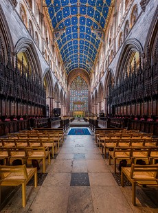 The view from the 14th-century choir looking towards the east window – one of the finest examples of Flowing Decorated tracery