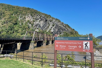 Crossing the Potomac River at Harpers Ferry, West Virginia, "psychological midpoint" of the trail