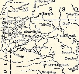 A map of northwestern Arkansas. Van Buren is on the north side of the Arkansas River, with Fort Smith on the south side. Prairie Grove is on the north side of the Boston Mountains