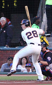 Buster Posey at the plate, with one leg lifted ready to swing at a pitch