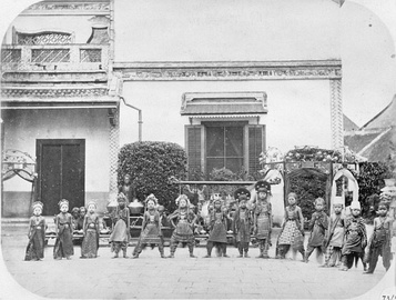 Children practiced dance with gamelan at Kebun Dalem Semarang, Dutch east Indies, circa 1867.