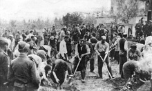 crowd of people with some digging