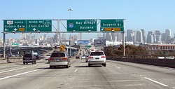 Signage along northbound U.S. Route 101, reflecting the different lexicon usage between Southern and Northern California.Left: signage at the 110 Freeway interchange in Los Angeles, with the leftmost sign for the 101 freeway north listing both its name, the Hollywood Freeway, as well as its destination, Ventura.Right: signage at the Interstate 80 interchange in San Francisco, with the leftmost sign for US 101 north listing only its destination, the Golden Gate Bridge.