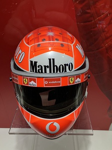 Schuberth helmet at the Museo Ferrari with the Marlboro logo, which sometimes had to be removed in countries where tobacco advertising was illegal.