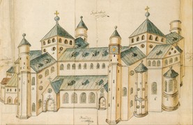 Representación esquemática de 1662 (cercana a una perspectiva axonométrica) de San Miguel de Hildesheim, iglesia otoniana.