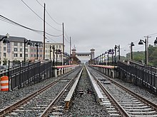 The completed second track, as viewed from the reconstructed Wyandanch station.