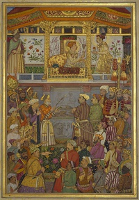 Mughal Emperor Jahangir presents Prince Khurram with a turban ornament.