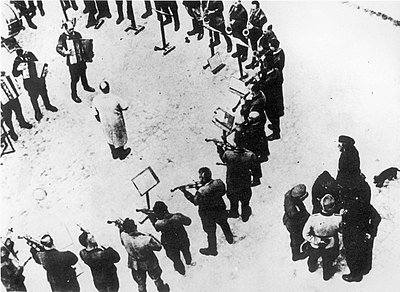 A photo of the orchestra, which was used to illustrate Nazi crimes at the Nuremberg trials