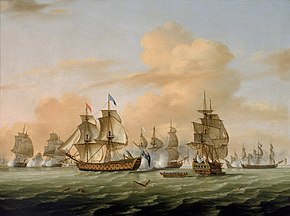 an oil painting showing several 18th-century warships fighting