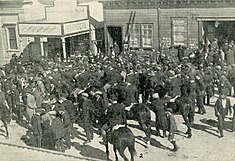 Strikes in 1912; from top to bottom: Clothing strike in Union Square (United States), 1912 Brisbane general strike (Australia), and Black Tuesday (New Zealand)