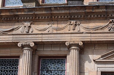 Renaissance bucrania in a frieze on Rue du Cardinal-Morlot no. 20, Langres, France, unknown architect or sculptor, c.1550