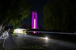 To mark the start of the platinum jubilee year, buildings across Australia were lit in royal purple. Left to right: the High Court of Australia, the John Gorton Building, the National Library of Australia, the National Portrait Gallery, and the National Carillon.